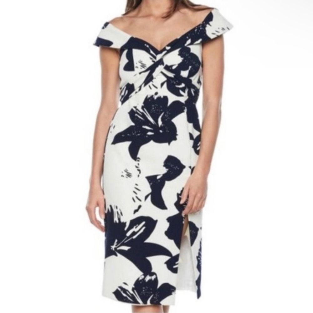 NWT Bardot Floral Camilla off the shoulder Sheath Navy White Midi Dress Size 10 - Picture 5 of 6